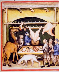 The Butchers: The Meat from Cows and Camels, illustration from Tacuinum Sanitatis Codex Vindobonensis